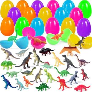BBPOOL Prefilled Easter Eggs with Dinosuar Toys for Kids, 24pcs Easter Basket Stuffers Egg Hunt Filler Classroom Prize Party Favor Supplies