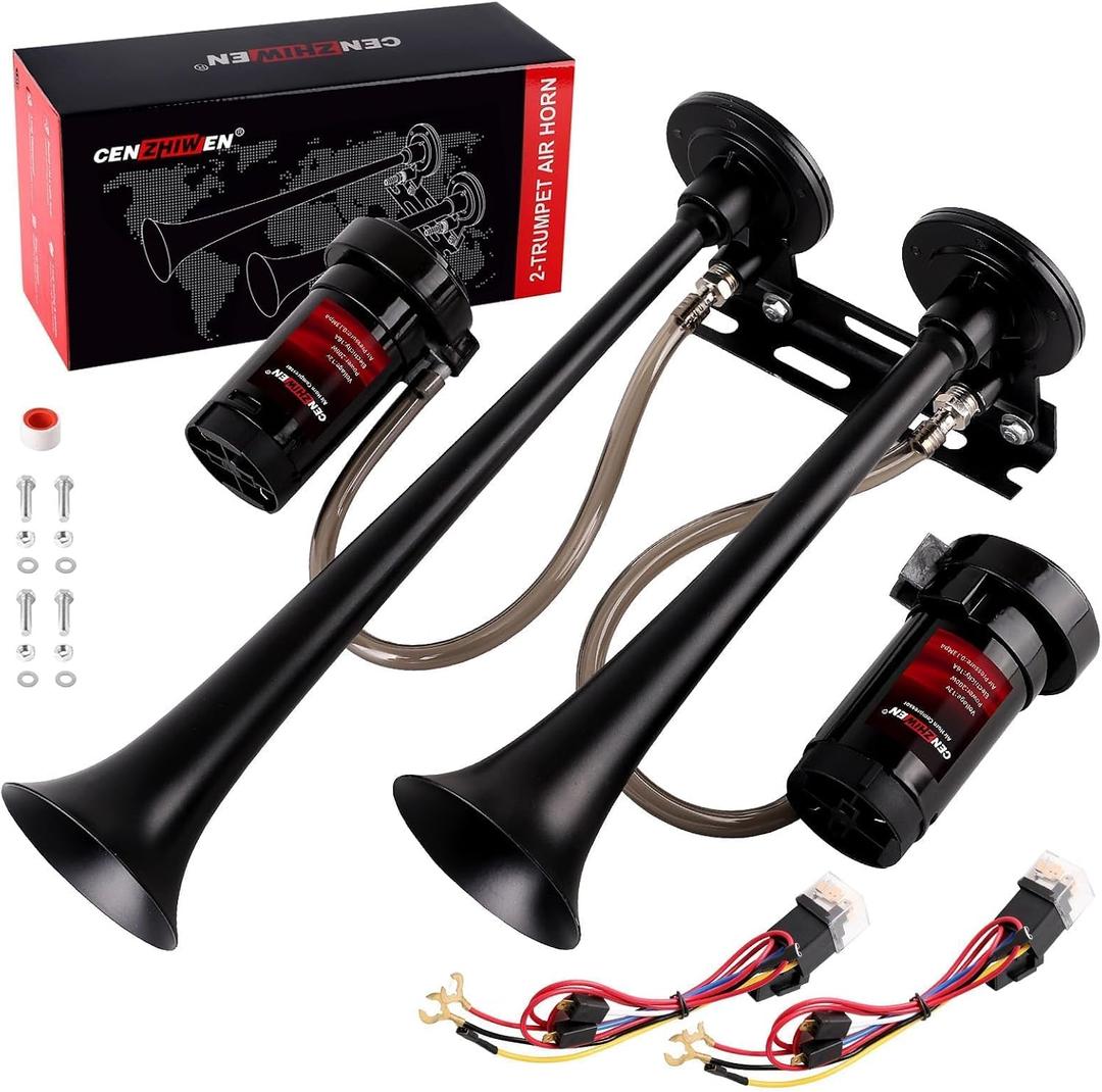 Dual 2-Trumpet Metal Air Horn for truck Kit with 2 air Compressors,12V 150dB Ultra Loud impact train car horn is suitable for pickup/SUV/moto and other vehicles (Black)