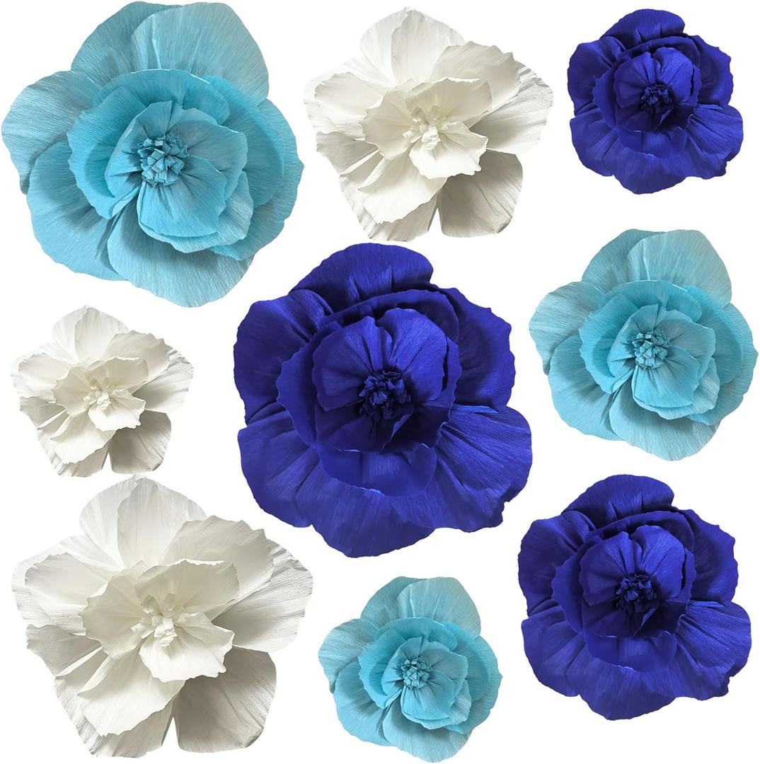 BRT Bearingshui Crepe Paper Flowers Decoration for Wall Total 9 Pcs, Artificial Flowers Backdrop for Wedding Decor Baby Bridal Shower Birthday Party, Navy Light Blue White 3D Wall Flowers Decor