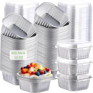 Aoriher 300 Pieces 10 oz Mini Cake Pans with Lids, Aluminum Foil Baking Cups, Square Disposable Cupcake Cups Baking Tins for Wedding Birthday Party Supplies(Silver)