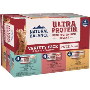 Natural Balance Ultra Protein Wet Cat Food Pate with Protein-Rich Organs for Cats, Variety Pack Recipes, Pate Cat Food with High Protein - 2.8oz. Case of 12