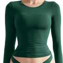 SUUKSESS Women Double Lined Fitted Basic T Shirts Crew Neck Long Sleeve Crop Top (Small, Dark Green)