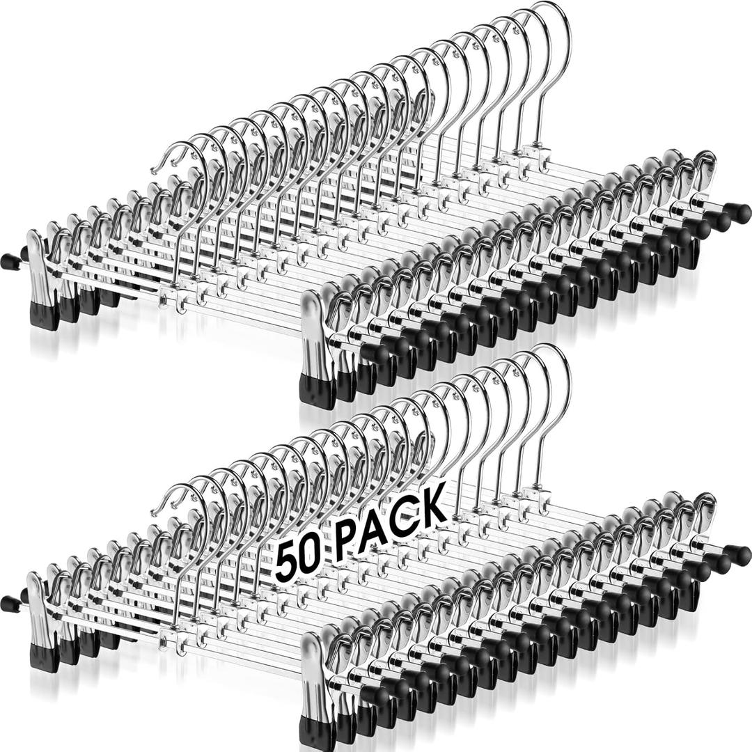 Weysat 50 Pack Pant Hangers with Clips Adjustable Metal Pants Skirt Hangers Bulk for Space Saving Heavy Duty for Clothes Jeans Closet Organizer, Silver and Black