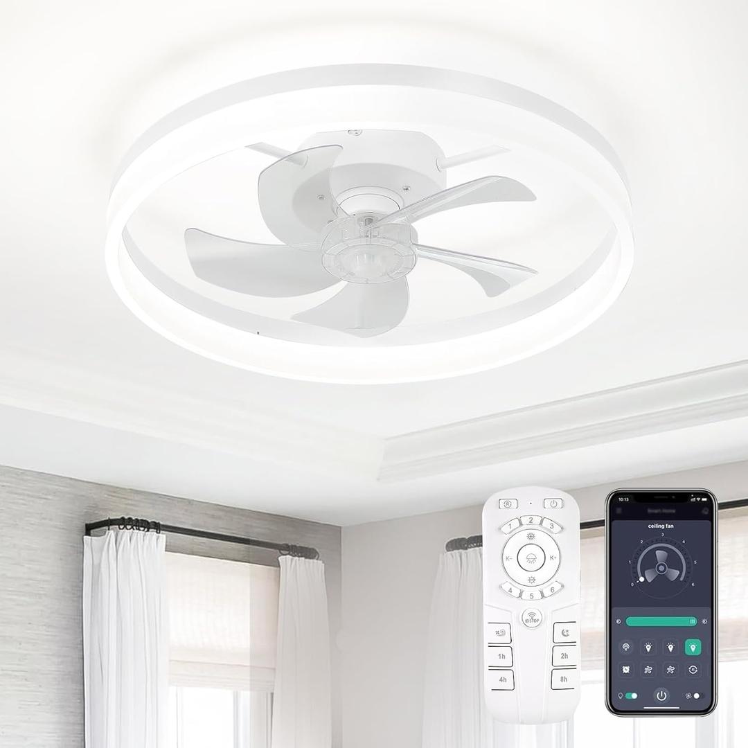 Ceiling Fans with Lights and Remote, 20 Inch Flush Mount Low Noise Fan, Reversible DC Motor, 3-Color Dimmable LED Fan for Bedroom, Dining Room, Kitchen, Kids Room, Home Office