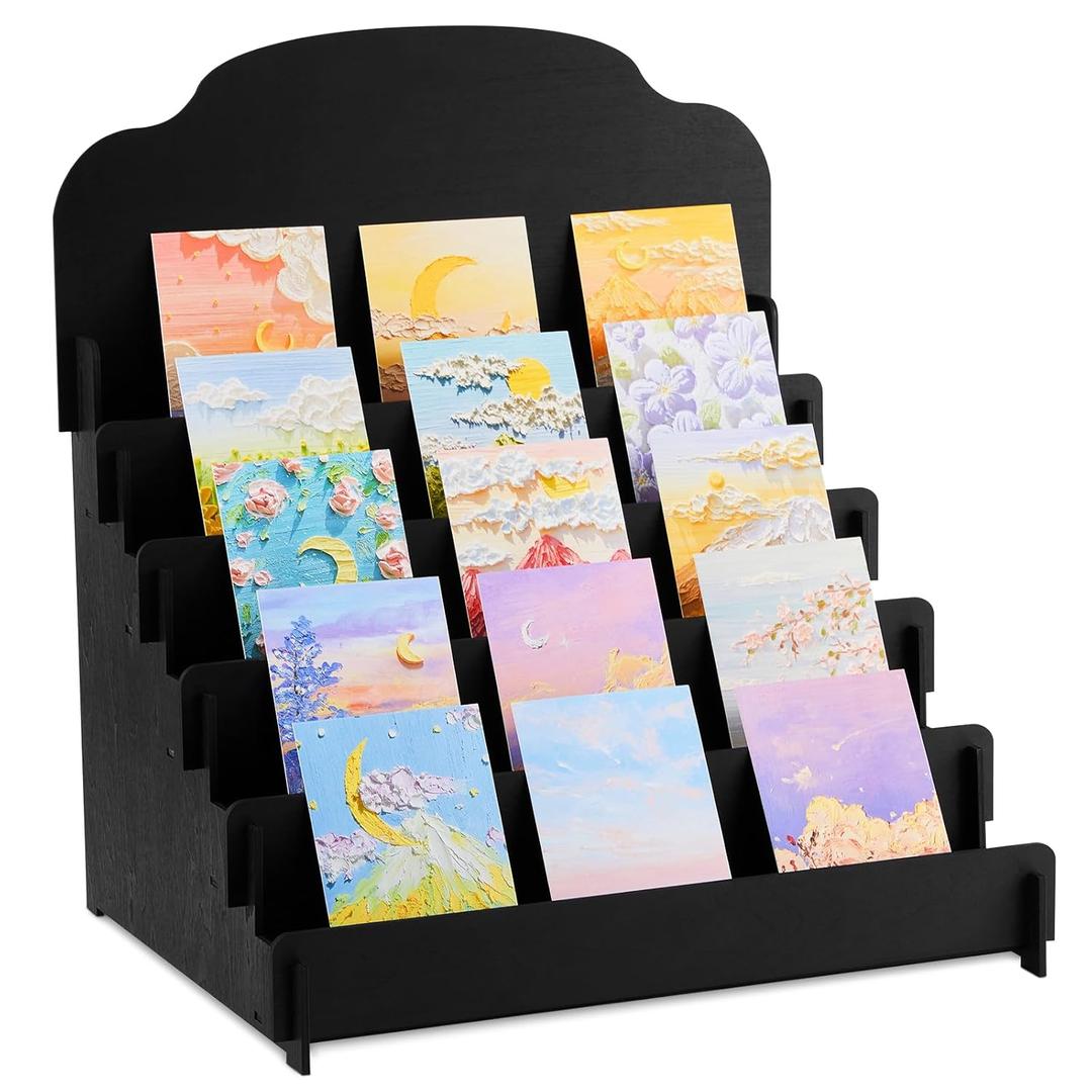 Barydat Large Greeting Card Display Stand Tiered Wooden Display Stand for Postcard Brochure Photos Jewelry Snacks Sticker Holder for Vendors, Counter Retail(15.8 x 13 x 17.7 Inch,Black)
