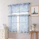 SMILE WEAVER Kitchen Curtains Tiers and Valances Set 3 Piece,Floral Short Semi Sheer Linen Curtains for Bedroom/Living Room,Light Filtering Window Drapes for Bathroom(Blue,52Wx18L&26Wx36L)