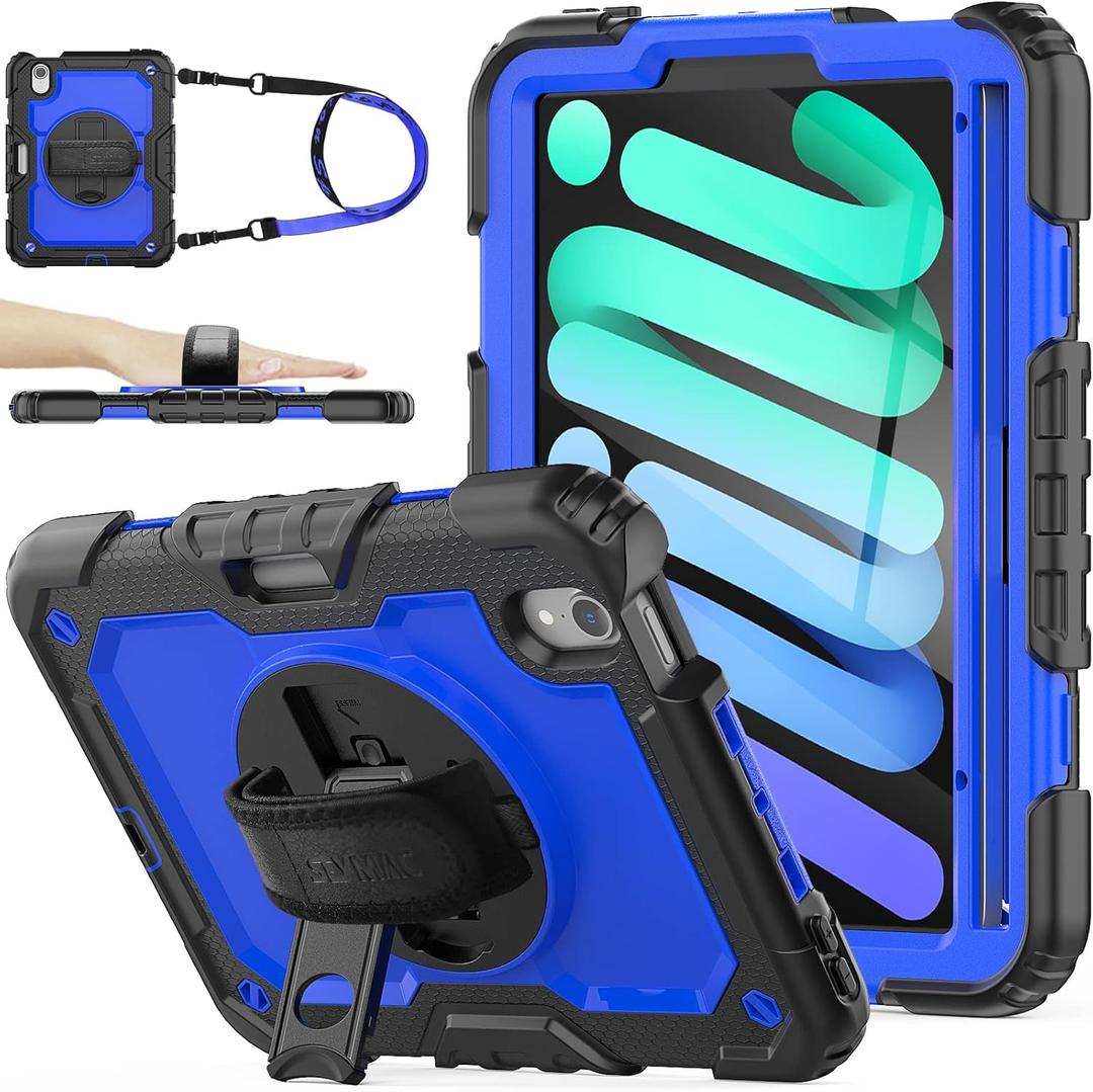 SEYMAC stock Case for iPad mini 7 (A17 Pro) 2024/ Mini 6 8.3'' with Screen Protector Pencil Holder [360 Rotating Hand Strap] &Stand, Drop-Proof Case for iPad mini 7th/6th Generation 8.3", Blue+Black