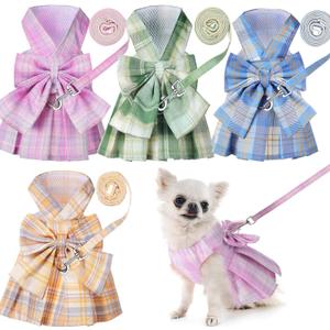 Potchen 4 Pcs Cute Plaid Dog Dress Set with Bow Tie Harness & Leash for Small Dogs, Puppy Clothes for Girls Outfits(L,Light Color)