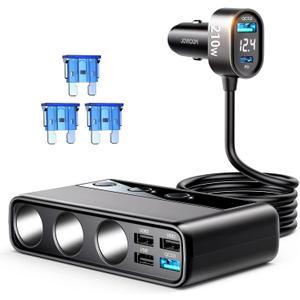 9 in 1 Cigarette Lighter Splitter, JOYROOM 210W Cigarette Lighter Adapter with PD/QC 3.0 * 2 Charge(3.3FT Cable), 12V/24V Independent Switches DC Cigarette Outlet Car Charger for All Car Devices