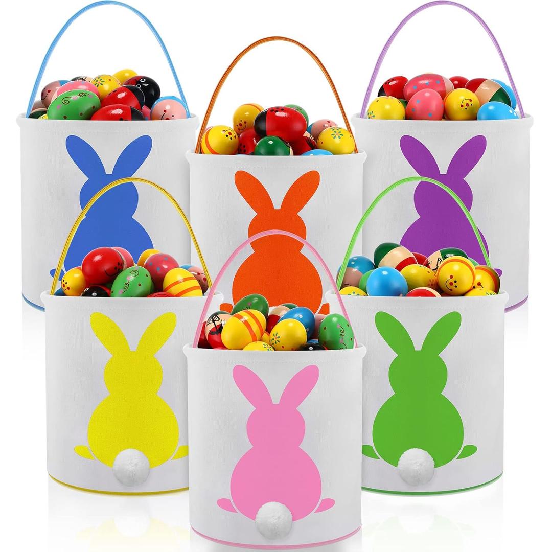 Honeydak 6 Pcs Canvas Easter Bunny Baskets for Kids Bulk Tote Bunny Egg Hunt Bags Printed Fluffy Tails Carry Bucket Cloth Present Storage Party Decorations Favors