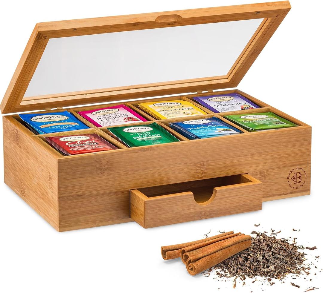 Tea Bag Organizer with Drawer - Bamboo Tea Box Organizer, 8-Compartment Tea Storage Box with Acrylic Lid and Magnetic Closure, Tea Box for Kitchen Counter, Mothers Day Gifts for Mom, Wife, Tea Lovers