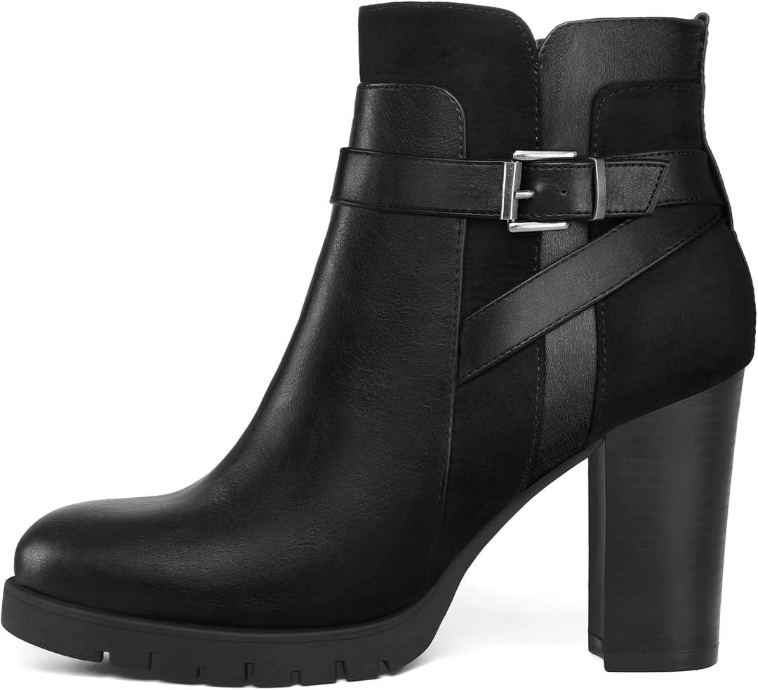 mysoft Women's Ankle Boots Chunky Stacked Heel Zipper Booties - Available in Wide Sizes (7, Buckle Black)