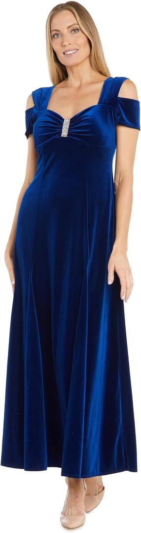 R&M Richards Women's Elegant Velvet Cold Shoulder Gown | Stretch Formal Dress W/Cap Sleeves Rhinestone Trim & Side Slit, Size 18W