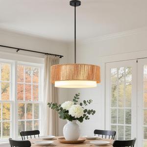 19" Boho Rattan Chandelier, Hand-Woven Wicker Drum Light Fixture 3-Light | Vintage Farmhouse Woven Pendant Light, E26 Base 40W Max, Height Adjustable, Dimmable, for Dining Room Kitchen Living Room