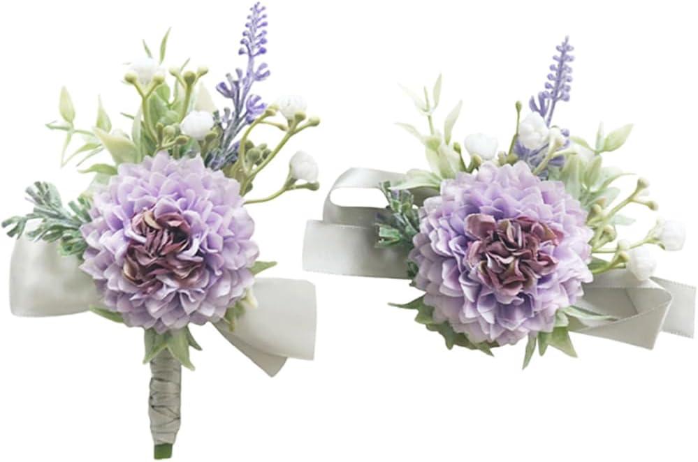 MAFELOE 2 Pieces Artificial Wrist Corsage and Boutonniere Set, Groom Groomsmen Bride Bridesmaids Wedding Flowers Accessories Prom Party Suit Decorations - Pale Purple