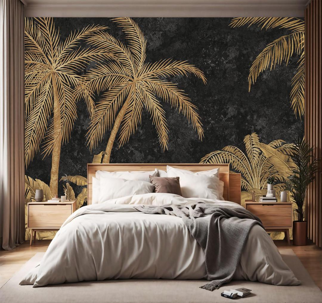 YIHWM -Gold Palms Botanical Backdrop Large Fabric Wallpaper Retro Tropical Plant Bedroom Bathroom Wall Mural- 91"x65"（ not Peel and Stick）