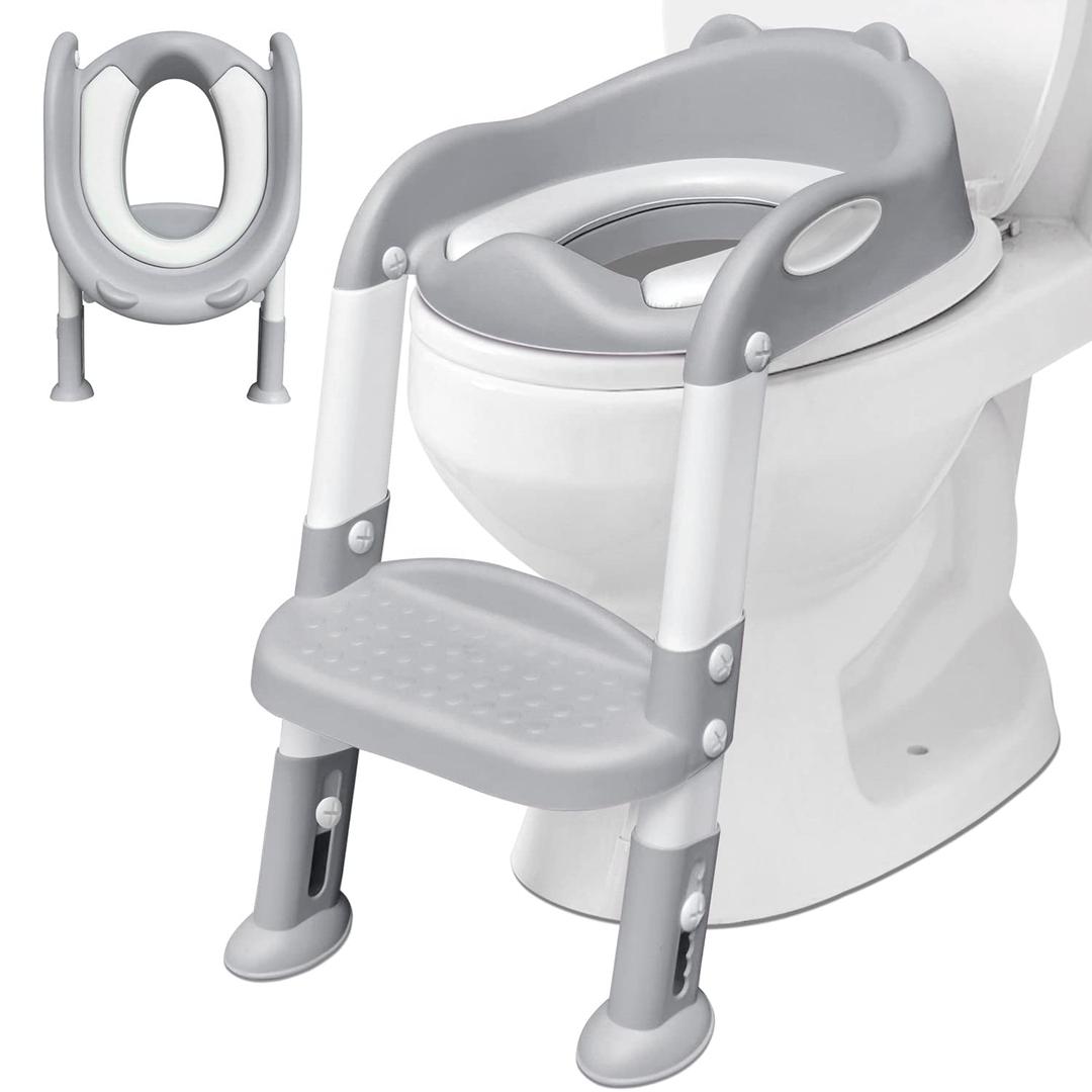 Potty Training Seat with Step Stool Ladder & Handles, Toddler Potty Training Seat Anti-Slip Pads Ladder, Kids Toilet Training Seat for Boys and Girls - Grey