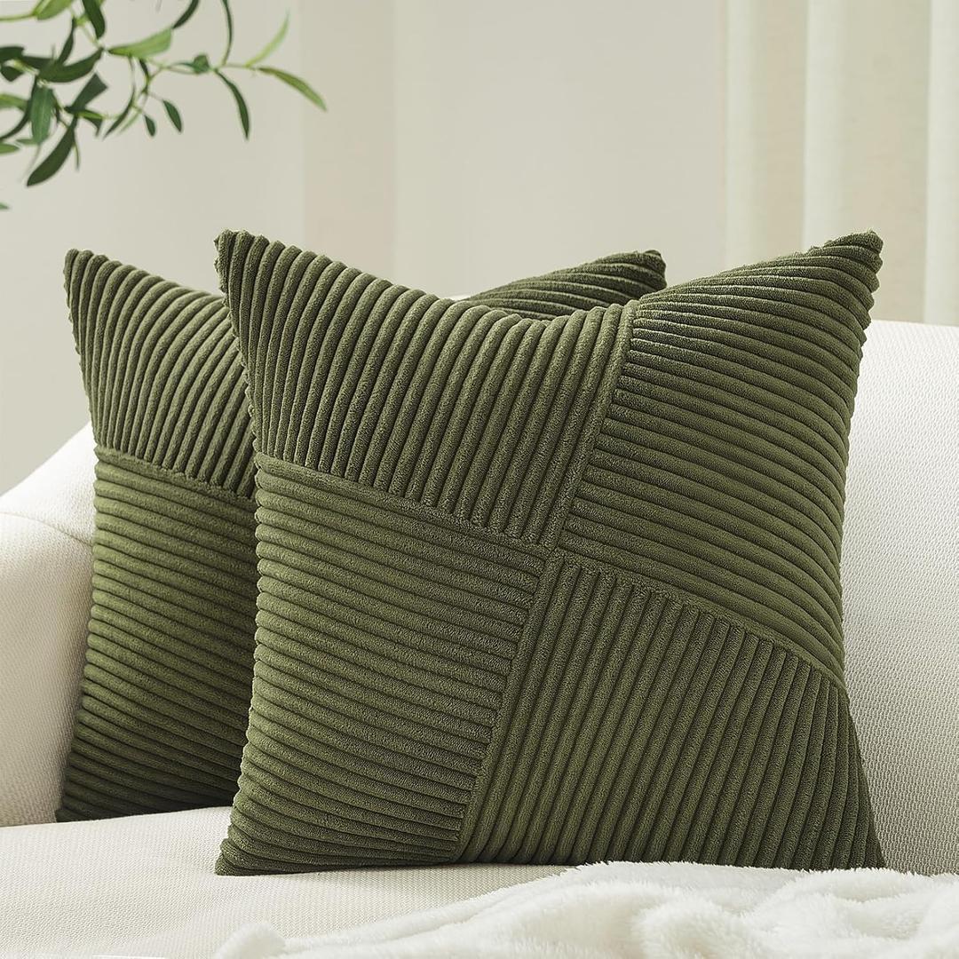 Topfinel Olive Green Decorative Throw Pillow Covers Set of 2 18x18 Inches for Couch Bed Sofa, Boho Aesthetic Home Decor, Soft Corduroy Striped Patchwork Windmill Textured Cushion Cases 45x45 cm