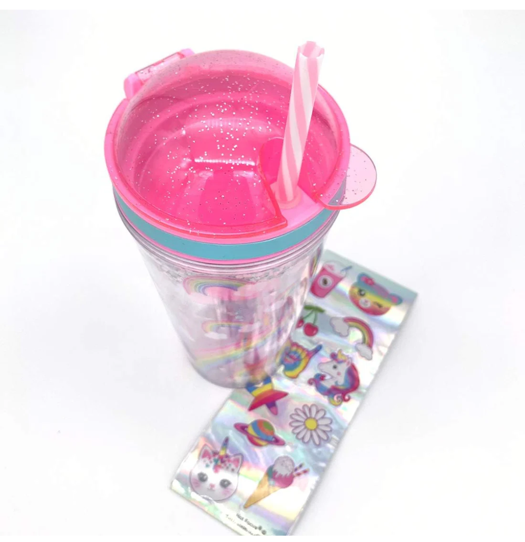 Snack and Drink Cup, Unicorn Theme, Kid's Combo All-in-One Tumbler for On-The Go, No-Leak Straw Included, Pink