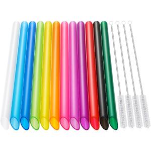 Angled Tips, 12 Pcs Wide Reusable Bubble Tea Straws with 4 Brushes - Multi Colors Jumbo Smoothie Straws, BPA FREE Plastic Straw for Bubble Tea (Tapioca, Pearls), Milkshakes