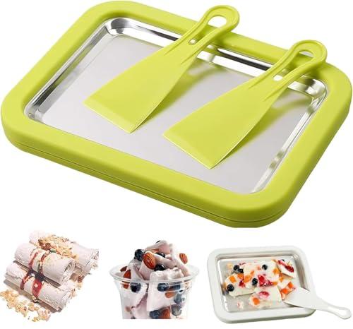 Rolled Ice Cream Maker Kit, At-Home Rolled Ice Cream Machine with Instant Freeze Tray & 2 Scrapers, DIY Homemade Rolled Ice Cream Tray for Kids & Adults, Stainless Steel Frozen Dessert Maker (Green)