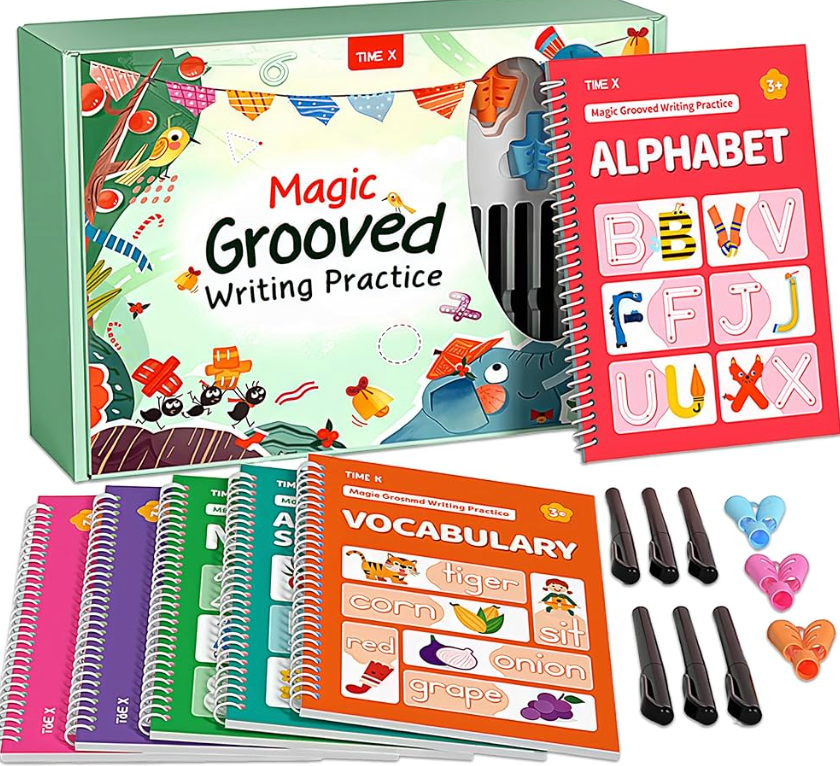 TIME X Magic Grooved Writing Practice Books, Reusable 3D Groove Handwriting Practice Workbooks for Kids Ages 38, Large Preschool Writing Books with Disappearing Ink for Kids 57 (Practice 6Books)