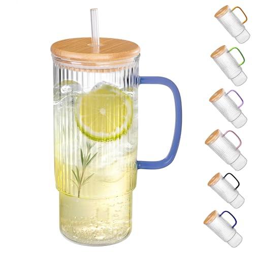 erichbow 32oz Ribbed Glass Cup with Handle Bamboo Lid and Straw, Glass Tumbler, Iced Coffee Cups Hot/Cold Drinks (Azure Handle)