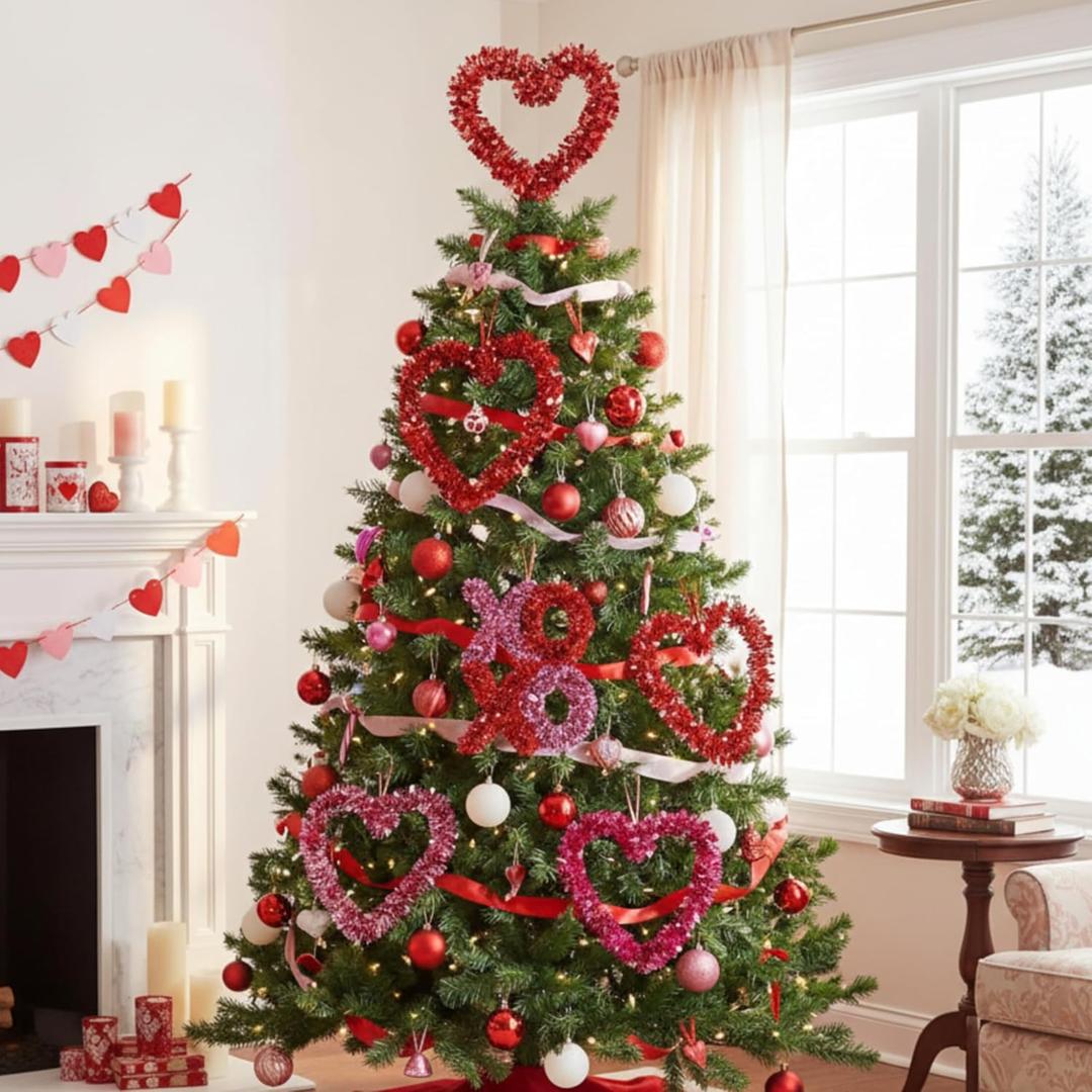 6 Pcs 15.8 Inch Large Valentine's Day Tinsel Ornaments Set 11.8 Inch Glitter Red and Pink Heart Hanging Ornaments Red Heart Tree Topper Decorations for Valentines Day Party Supplies(XOXO)