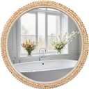 FUIN 24" Rattan and Wood Round Mirror for Boho Bathroom, Entryway, Living Room Decor