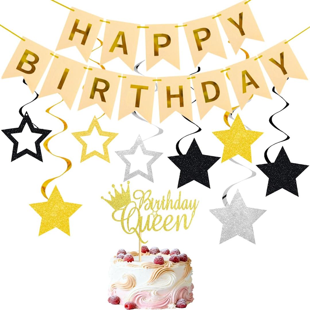 Gold Happy Birthday Banner with Gold Queen Cake Toppers and Hanging Vortex for Girls Women Birthday Party Decorations Supplies