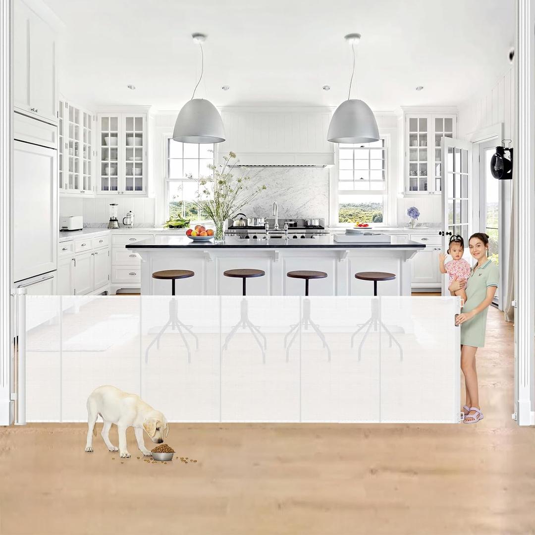Reinforced 42 Tall x 130 Extra Wide Retractable Baby Gate for Large Openings Extra Tall Dog Gate with Rods to Prevent Crawling Through, Extra Long Mesh Pet Gate for Doorways, White