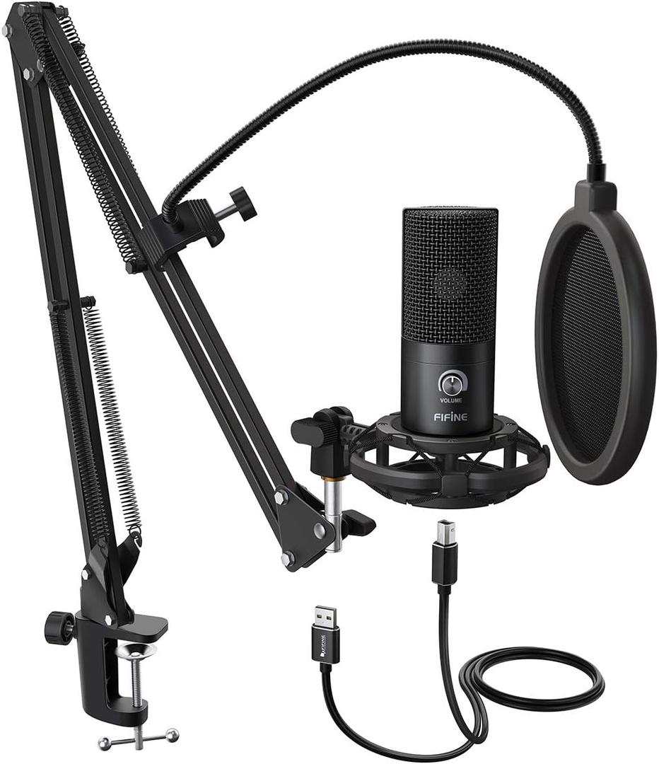 FIFINE Studio Condenser USB Microphone Computer PC Microphone Kit with Adjustable Boom Arm Stand Shock Mount for Instruments Voice Overs Recording Podcasting YouTube Vocal Gaming Streaming-T669 (Black)