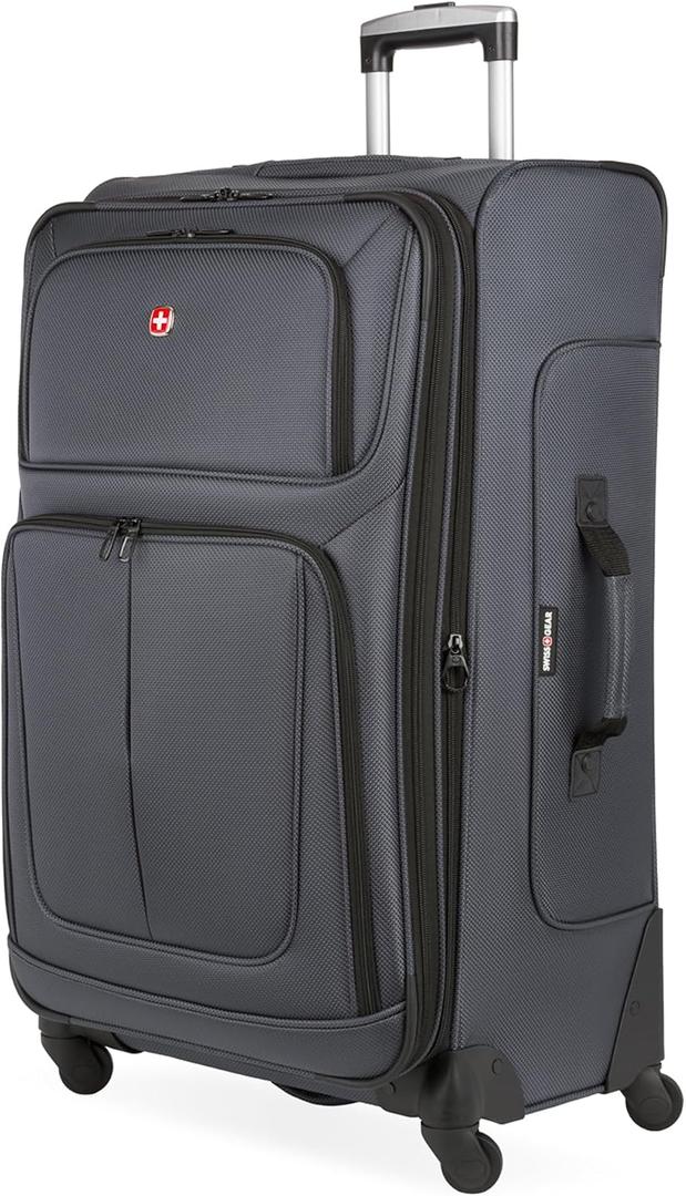SwissGear Sion Softside Expandable Spinner Luggage Durable Lightweight Travel Suitcase, Dark Grey, Checked-Large
