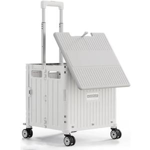 Foldable Utility Cart with Stair Climbing Wheels, Collapsible Rolling Crate with Telescoping Handle, Folding Shopping Trolley Handcart Grocery Book File Tool Teacher Storage Basket (White, 4 Wheels)