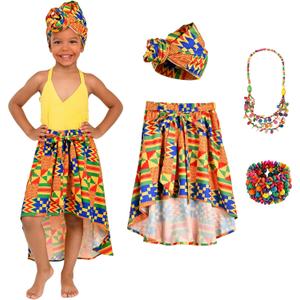 4 Pcs Girl African Clothes Dashiki Ankara Traditional Costume Dress Toddler Attire Maxi Skirt Head Wrap Necklace Bracelets