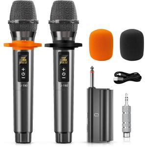 Karaoke Microphone Wireless Mic, Universal Professional UHF Dynamic Mic System with Receiver, Handheld Cordless Microphones for Singing, Wedding, DJ, Party, Speech, Church, Plug and Play (2 Mics Titanium)