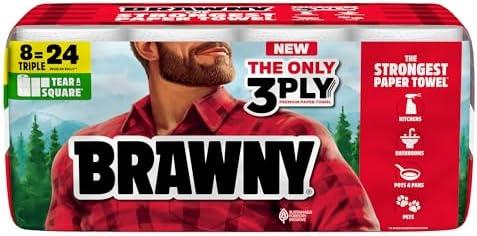 Brawny Tear-A-Square 3-Ply Paper Towels, 8 Triple Rolls = 24 Regular Rolls, Strong, Absorbent, and Durable with 3 Sheet Sizes (Quarter, Half, Full)
