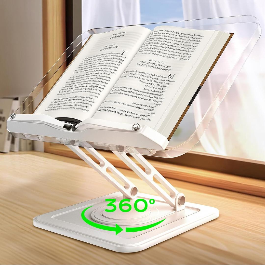 Book Stand for Reading, Adjustable Book Holder with 360Rotating Bases, Ergonomic Cookbook Stand Recipe Book Holder with Elastic Page Clips for Magazines, Tablets, Laptops,Acrylic White