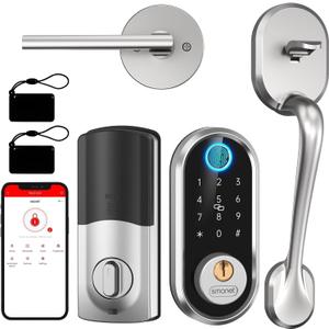 Keyless Entry Door Lock Handle: SMONET Smart Front Door Lock Set Alexa Deadbolt Locks with Handle Bluetooth Electronic Digital Keypad with APP Voice Control Keyfob Auto for Home (Silver)
