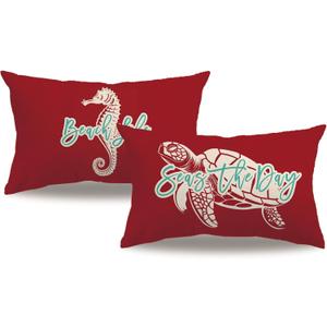 2Pack Ocean Theme Decor Throw Pillow Cover Red Double-sided printed Sea Turtle Seahorse Rectangular/Waist Cushion Cover Summer Coastal Beach Home Decor Pillowcases 12x20 (Red)