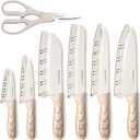 Astercook Knife Set, 13 Pieces Kitchen Knives Set with Ceramic Coating, Stainless Steel Chef Knife Sets with 6 Blade Guards, Dishwasher Safe Sashimi Knives For Fish with Wooden Handle, White