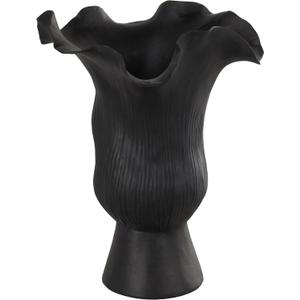Deco 79 Ceramic Abstract Floral Inspired Vase with Wavy Folded Rim and Linear Grooves, 8" x 7" x 11", Black