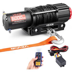 VEVOR 6000 lbs Electric Winch, 12V DC Large ATV/UTV Winch with Φ0.24 in x 49.2 ft Synthetic Rope, Wireless & Wired Remote Control, IP55 Waterproof, with Fairlead Mount Plate for Towing UTV Off-Road