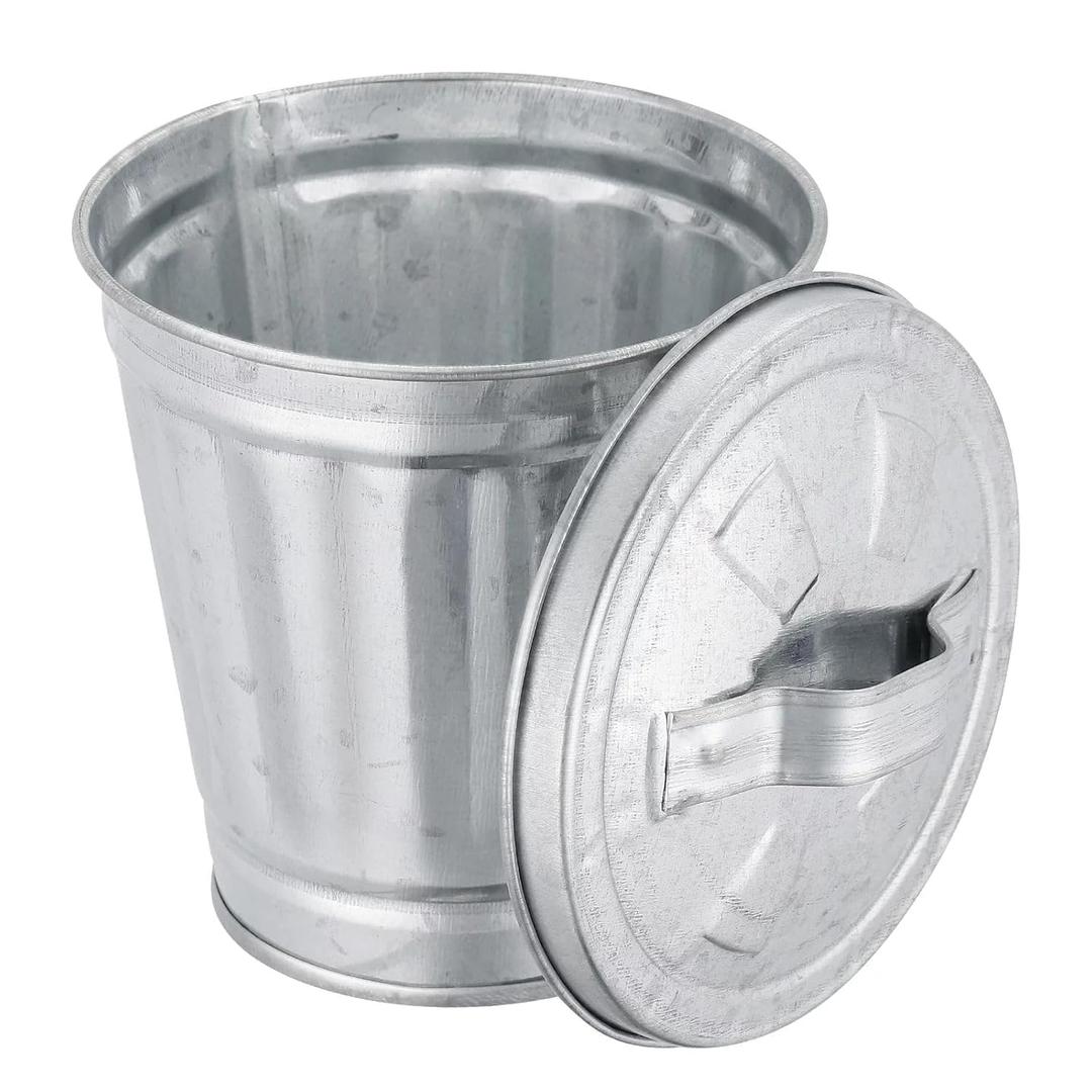 Silver Mini Galvanized Can with Lid (9.5X9X6.3CM), Metal Rubbish Bin, Flower Pot Pen Holder, Mini Wastebaskets Suit for Desk, Office, School, Dorm Room and Vanity