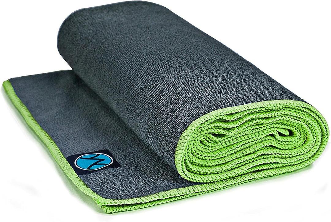 Youphoria Yoga Microfiber Non-Slip Towel - Hot Yoga Mat Towel for Enhanced Grip and Sweat Absorption (Gray Towel/Green Stitching)