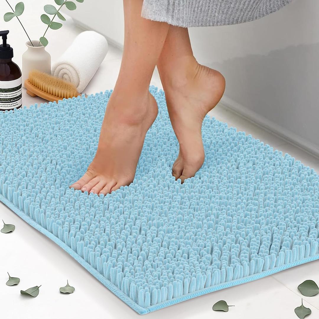 Chenille Bath Mats, Plush Absorbent Bath Mats Quick Dry, Soft & Machine Washable, Non Slip Carpet for Bathroom, Thick Bathroom Rugs, Shower Restroom Rug Mat, Alfombras De Bao, Bathrugs Matts,34"x21" (Spa Blue)