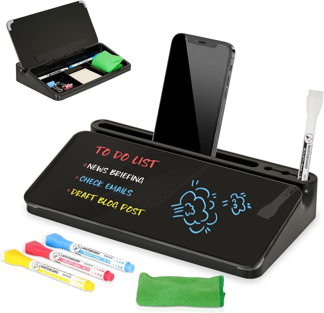 DOLLAR BOSS 12''x7'' Glass Desktop Whiteboard Small Dry Erase Board with Storage Drawer Computer Keyboard Stand Desk Organizer Office Accessories School Supplies with 4 Markers, Black