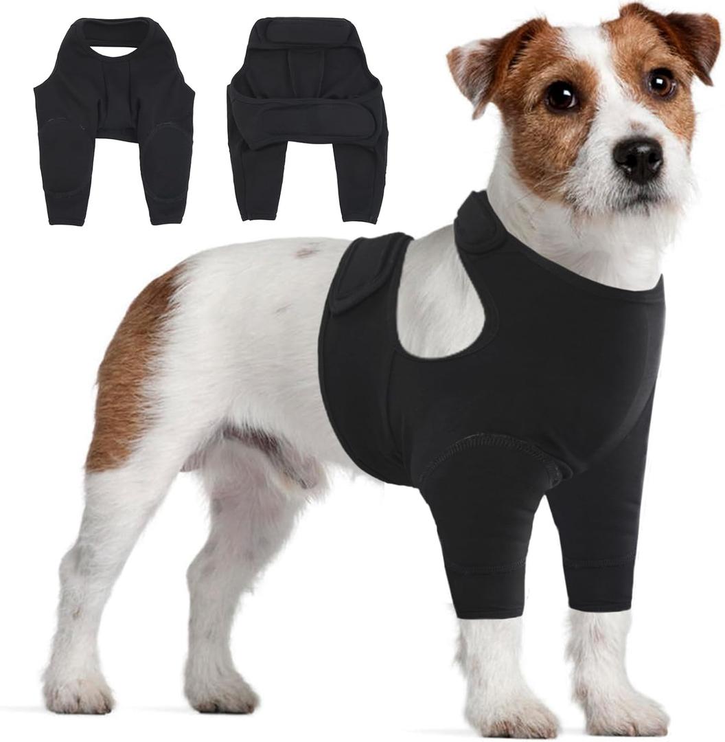IDOMIK Dog Recovery Suit for Front Legs, Adjustable Dog Leg Sleeves to Stop Licking, Dogs Elbow Braces Protector for Leg Injuries Shoulder Wound, Cone Collar Alternatives,Black,L (L(Chest Girth:21.26"-24.41"))