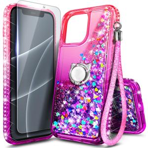 NGB Designed for iPhone 11 Phone Case, Pink/Purple | Glitter Liquid Sparkle Cute Cover for Women Girls Kids | with Tempered Glass Screen Protector & Ring Holder & Wrist Strap