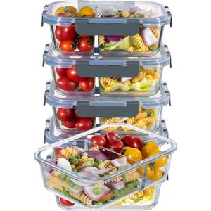 MFY 5-Pack 36 OZ Glass Storage Containers with Lids - 2 Compartment Meal Prep Set, Airtight Glass Lunch Containers, Microwave, Oven, Freezer & Dishwasher Safe, Gray (Grey)